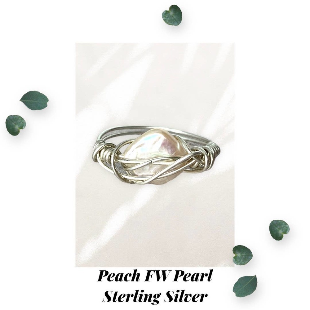 Peach Diamond Freshwater Pearl Wire Wrapped Ring - Sterling Silver - Size 6